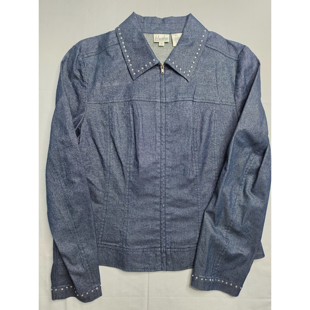 Vintage Blushe Impressions Jacket Women's 8 Blue Cotton Beaded Full Zip Outdoor